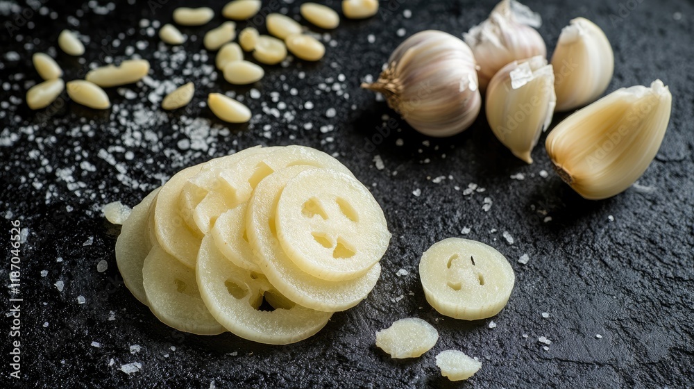 Sliced garlic cloves on dark slate with whole garlic bulbs and pine nuts highlighting culinary flavor and nutritional benefits. Sliced garlic cloves on dark slate with whole garlic bulbs and pine nuts highlighting culinary flavor and nutritional benefits.