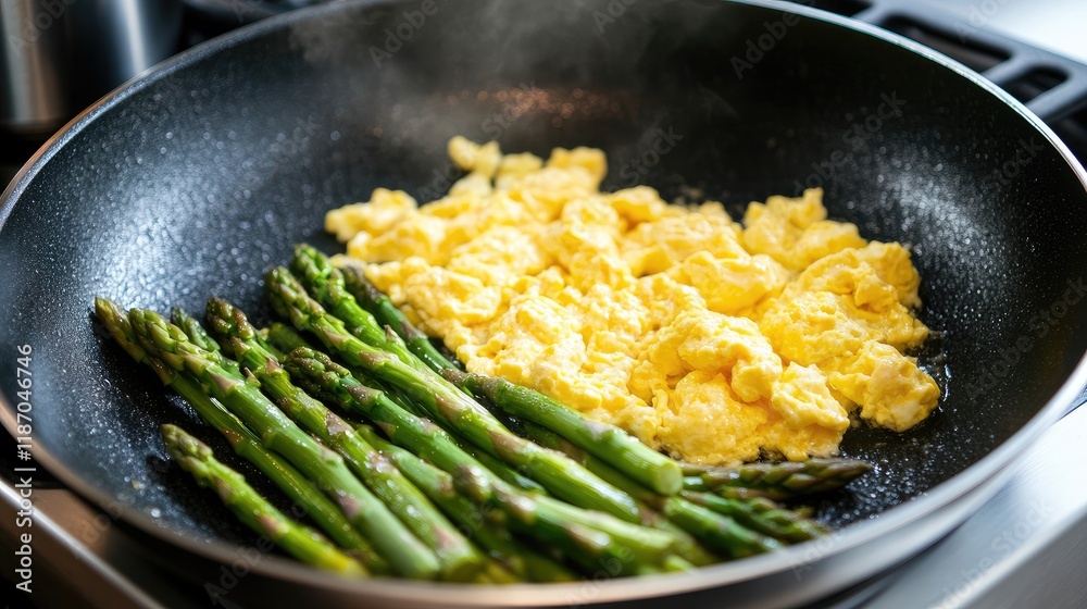 Healthy breakfast with scrambled eggs and fresh asparagus in a frying pan showcasing vibrant colors and nutritious ingredients. Healthy breakfast with scrambled eggs and fresh asparagus in a frying pan showcasing vibrant colors and nutritious ingredients.