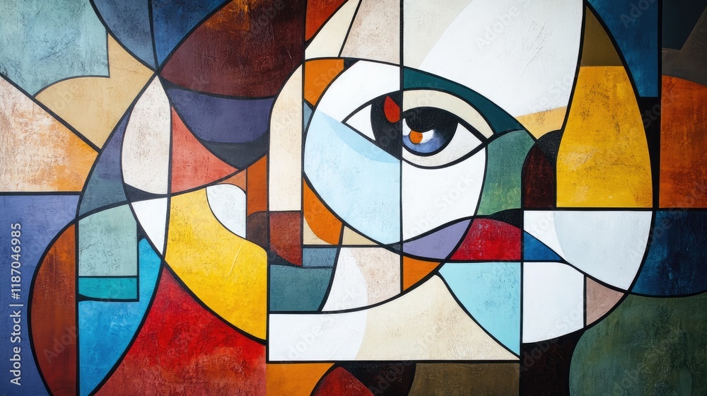 Fototapeta premium Cubist Abstract Art Featuring Geometric Shapes and Eye Motif in Vibrant Colors and Modern Style