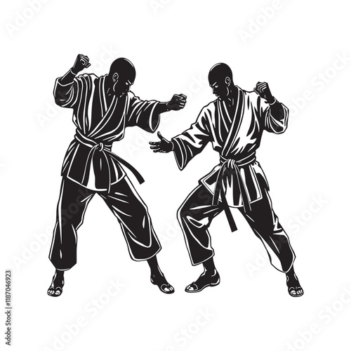 A print of two black silhouettes depicting karate fighters executing,Vector IllustrationKarate 