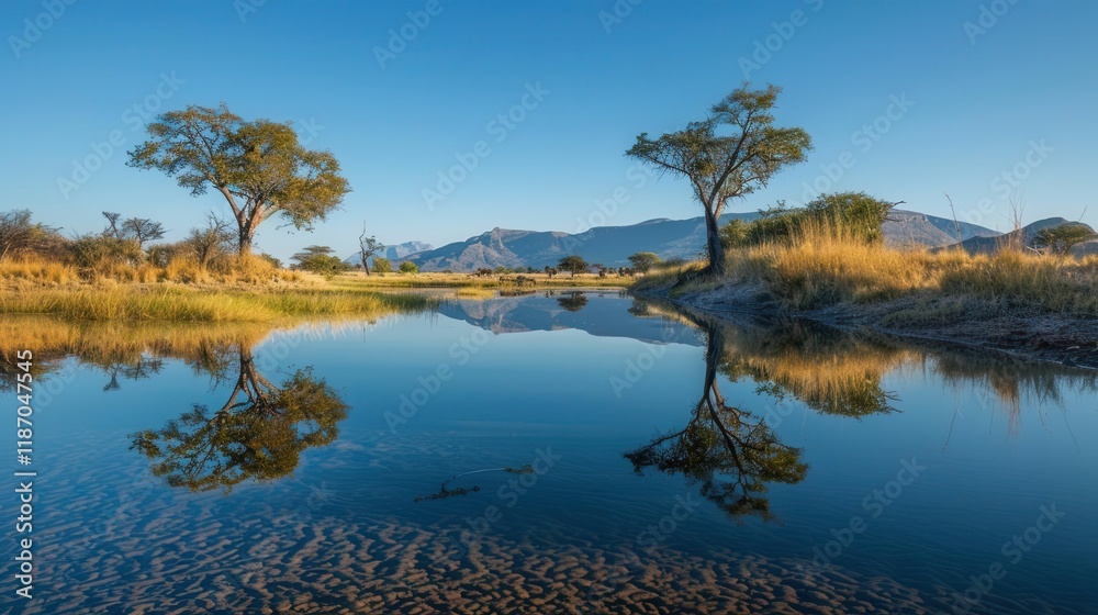 Obraz premium Serene landscape featuring a calm river reflecting trees and mountains under a clear blue sky.