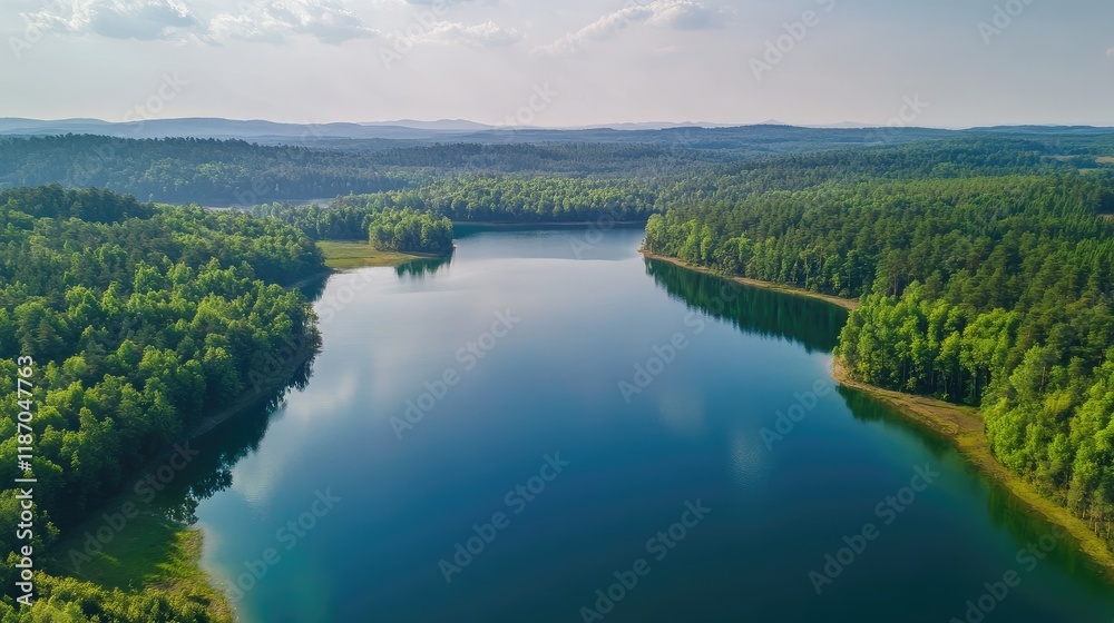 Aerial view of serene blue lake encircled by lush green forest ideal for graphic design or nature-themed projects with text space available. Aerial view of serene blue lake encircled by lush green forest ideal for graphic design or nature-themed projects with text space available.