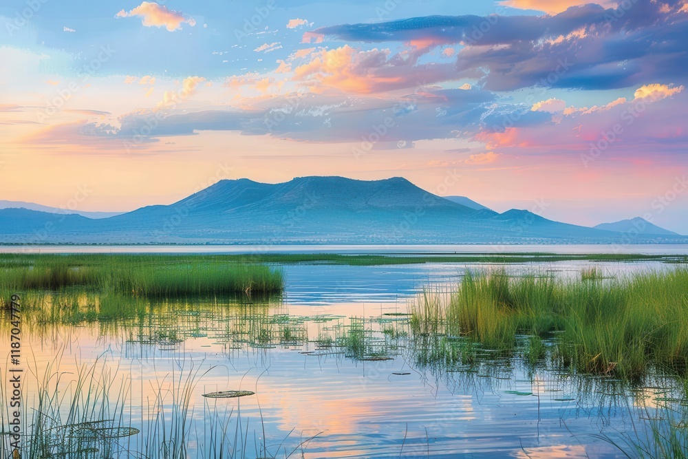Serene landscape featuring a tranquil lake, lush grass, and distant mountains under a colorful sky. Serene landscape featuring a tranquil lake, lush grass, and distant mountains under a colorful sky.