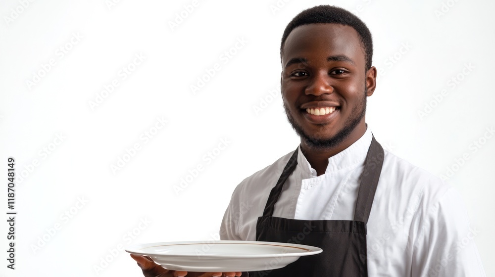 Smiling Black Chef Holding an Empty Plate Against a White Background Smiling Black Chef Holding an Empty Plate Against a White Background