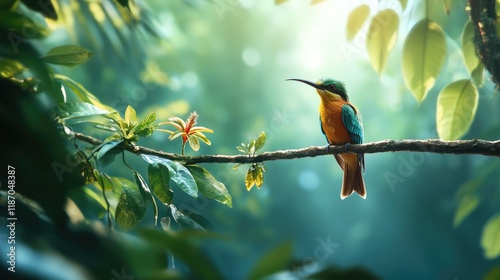 Vibrant Colibri thalassinus perched on a branch amidst lush rainforest foliage in natural sunlight photo