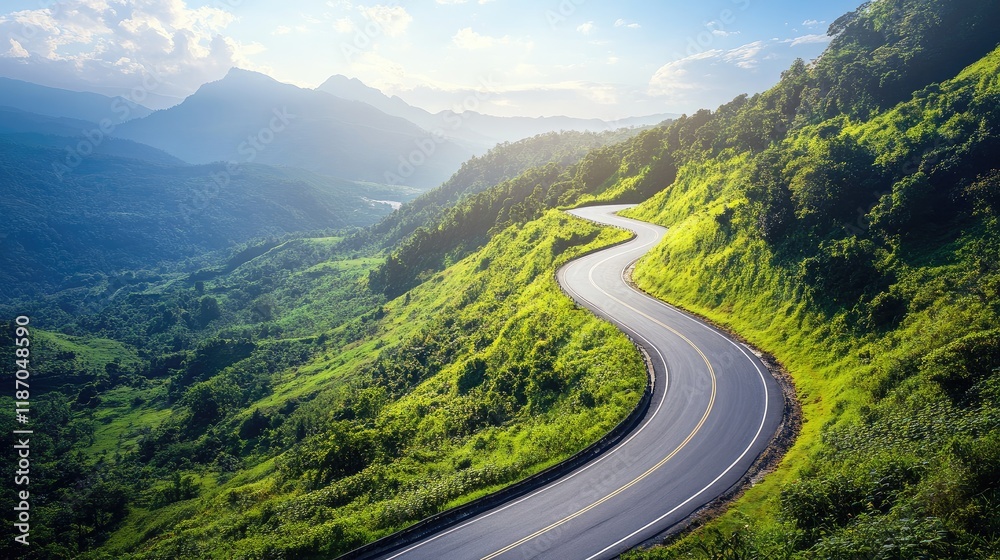 Aerial view of scenic winding mountain roads surrounded by lush greenery ideal for automotive advertising and promotional content Aerial view of scenic winding mountain roads surrounded by lush greenery ideal for automotive advertising and promotional content