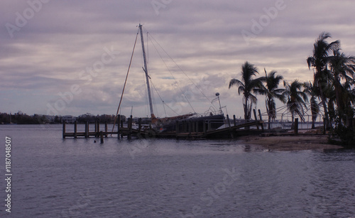 Sailboat Damaged From Hurricane Milton in Sarasota Florida