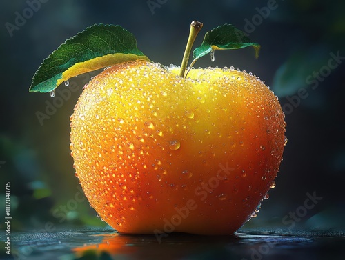 A sparkling, vibrant apple dripping with dew, symbolizing freshness and cleanliness Rendered in hyper-realistic digital art style photo