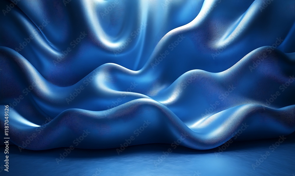 Obraz premium Abstract Blue Cloth Rendered in 3D, Featuring Elegant Wavy Patterns and Light Reflections