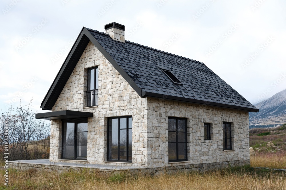 Beautiful stone house with a modern design located in a serene countryside setting surrounded by grass and distant mountains during overcast weather Beautiful stone house with a modern design located in a serene countryside setting surrounded by grass and distant mountains during overcast weather
