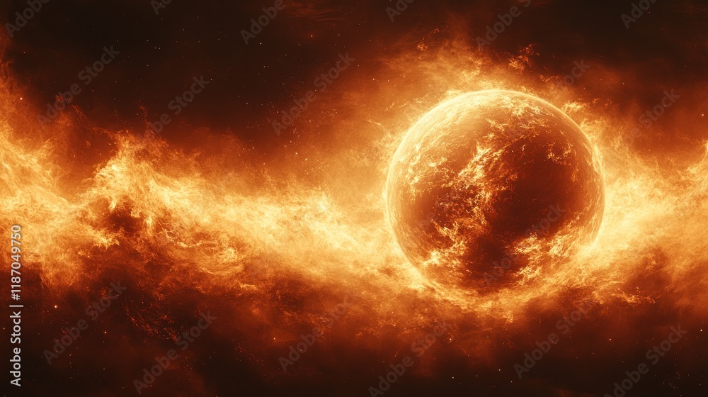 Fiery planet engulfed in flames and cosmic dust. (1) Fiery planet engulfed in flames and cosmic dust. (1)