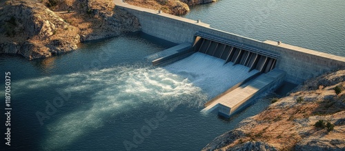Aerial view of hydroelectric dam with water release from reservoir showcasing natural landscape and space for text inclusion