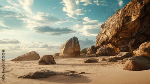 Majestic rock formations on a serene tropical beach under a vibrant sky with soft clouds and gentle sandy shores