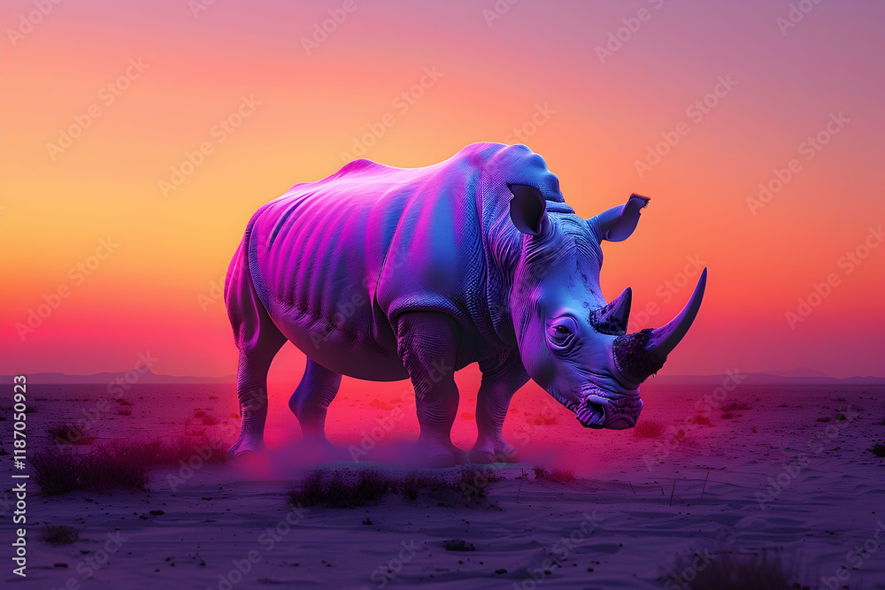 Fototapeta premium Neon Rhino Sunset 3D Illustration