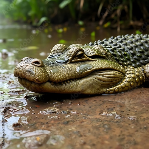 Close-up of a Cuvier's dwarf caiman resting near water. photo