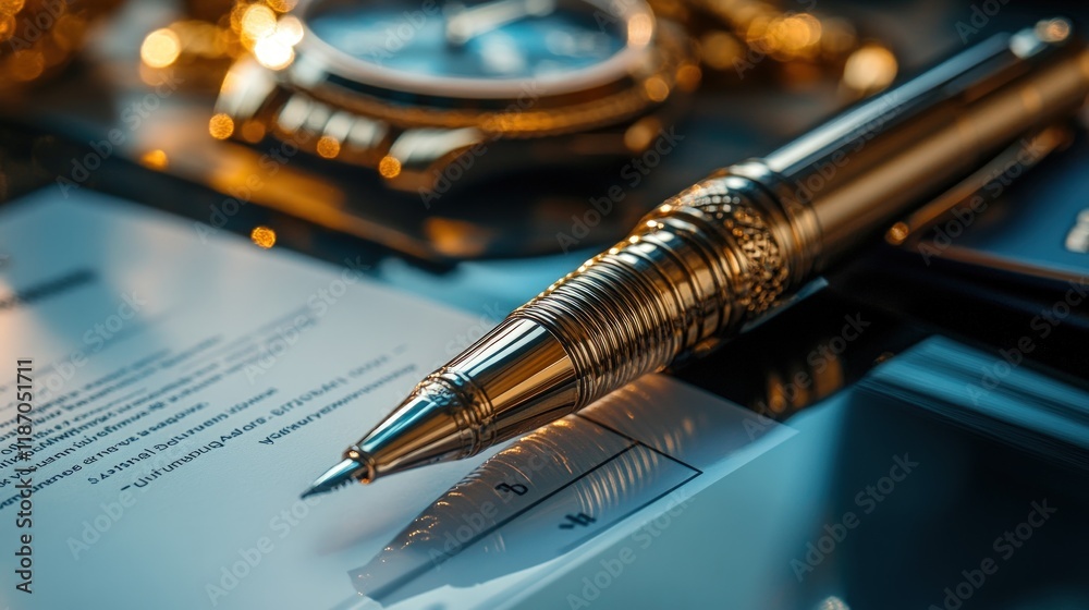 Naklejka premium Gold pen on document near luxury watch.