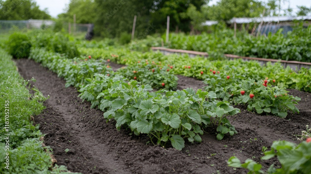 Strawberry plants thriving in a garden bed showcasing agricultural practices for fruit cultivation on a serene farm setting Strawberry plants thriving in a garden bed showcasing agricultural practices for fruit cultivation on a serene farm setting