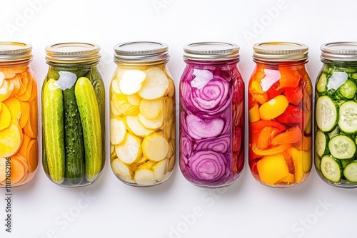 Vibrant array of colorful pickled vegetables in jars arranged on a clean white surface showcasing a rainbow gradient photo