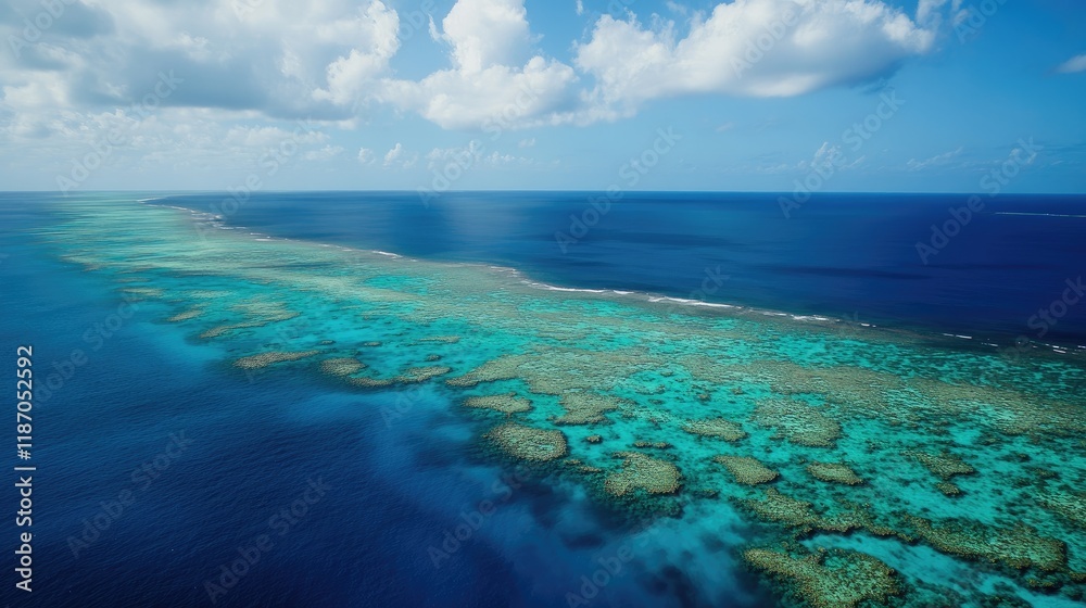 Obraz premium Aerial panorama of vibrant tropical coastline showcasing coral reefs and clear blue ocean waters under a serene sky