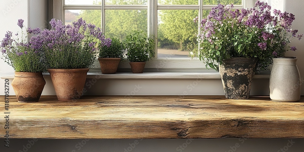 Natural light enhances herbs and flowers on a rustic wooden shelf by a sunny window in a tranquil setting Natural light enhances herbs and flowers on a rustic wooden shelf by a sunny window in a tranquil setting