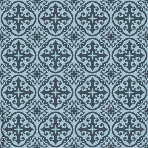 Abstract geometric floral seamless pattern. dark blue and sky blue ornament. Modern stylish texture repeating. Vector background
