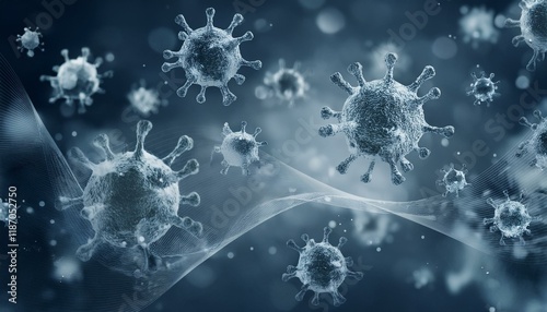 Green virus particles floating in the air and connecting to each other, symbolizing the spread of an infectious disease