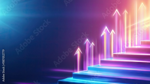 Abstract minimalistic background with a startup development concept. Colorful neon lights in the shape of ascending 3D neon arrows. Graph chart
