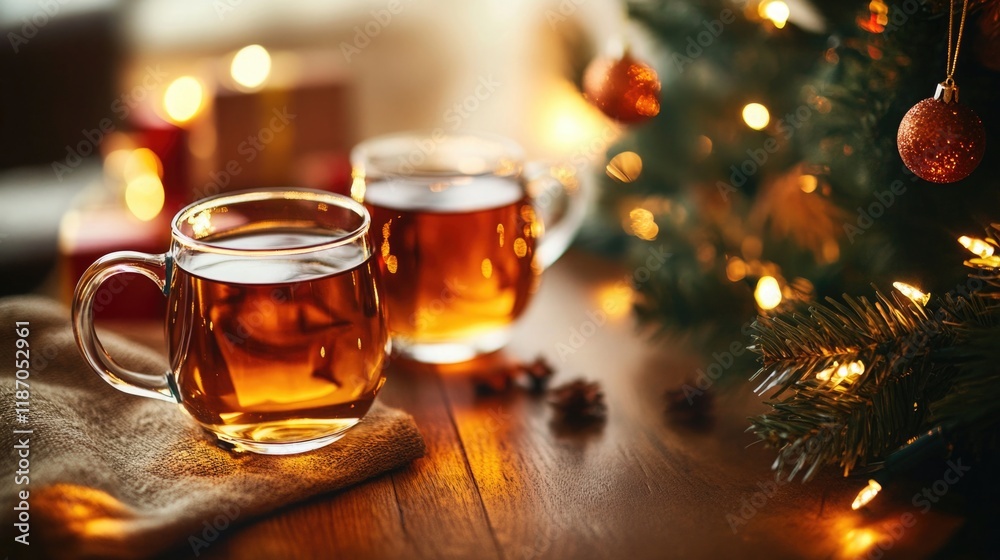 Two vibrant mugs placed on a wooden surface, with a blurred Christmas tree background, a cozy holiday vibe Two vibrant mugs placed on a wooden surface, with a blurred Christmas tree background, a cozy holiday vibe