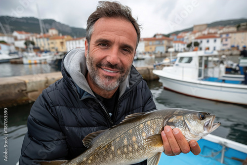 Fisherman holding large, freshly caught fish close to face, smiling proudly at harbor