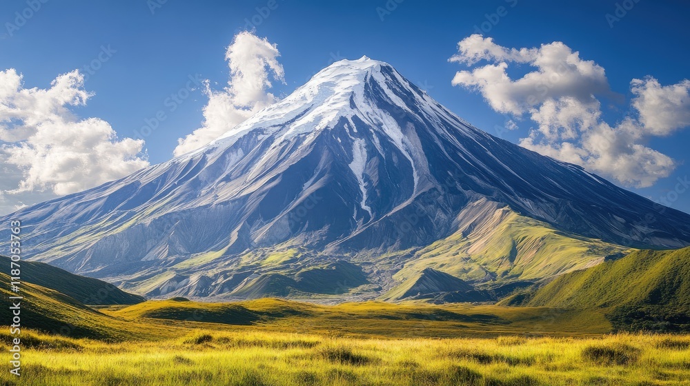 Majestic Snow-Capped Mountain Overlooking Lush Green Meadows Under a Bright Blue Sky Majestic Snow-Capped Mountain Overlooking Lush Green Meadows Under a Bright Blue Sky