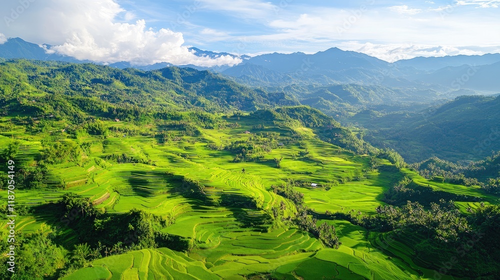Fototapeta premium Aerial view of lush green rice terraces and rolling mountains under a bright sky ideal for landscape and travel themes