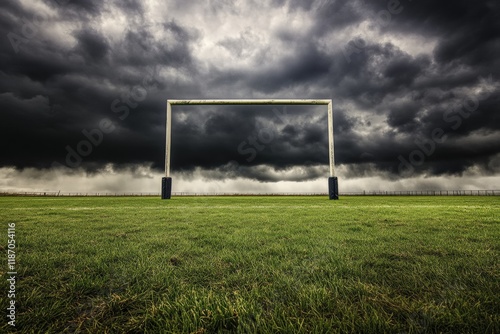 A rugby goal post viewed from the field with stormy skies above