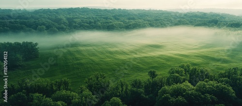 Aerial View of Lush Green Farmland with Mist and Trees Providing Space for Text Overlay photo