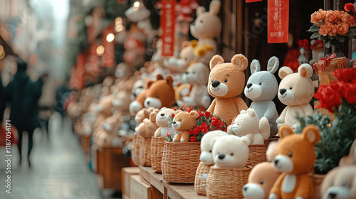 Colorful market scene featuring various teddy bears and plush toys in baskets, creating cheerful atmosphere. vibrant display attracts visitors during festive occasion