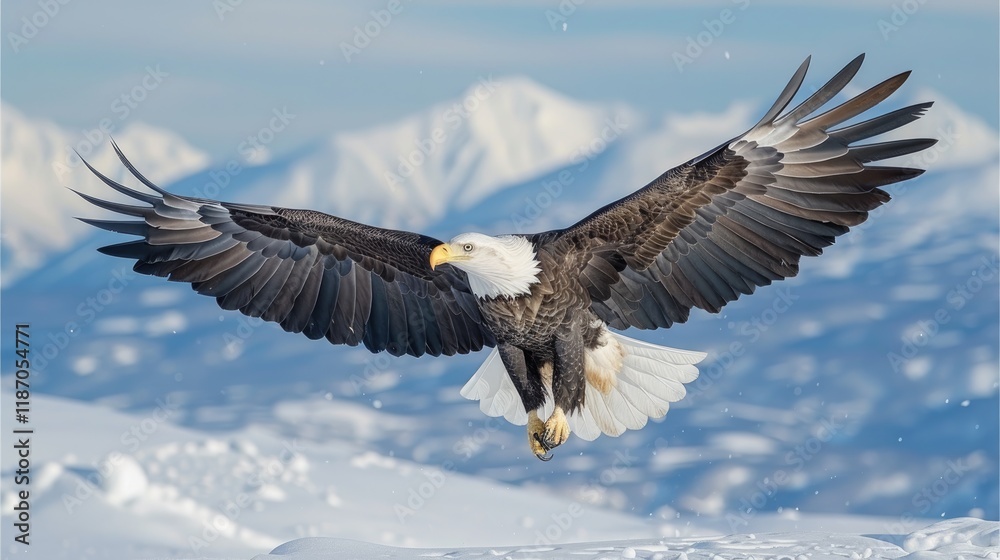 Fototapeta premium Bald eagle soaring over snowy mountains in winter.
