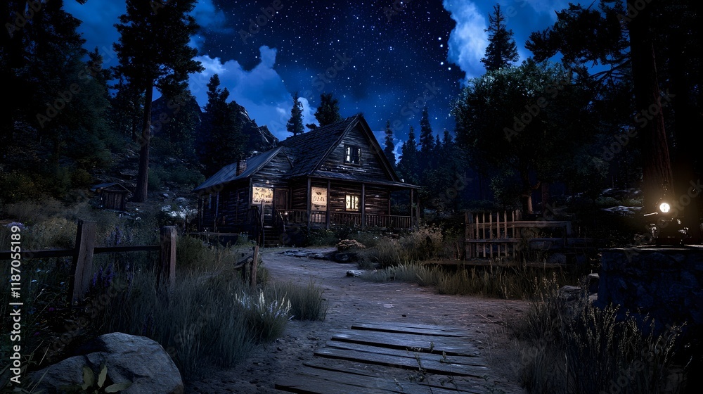 Fototapeta premium Expansive Night Sky with Rich Blue Hues Above a Calm Cabin Scene