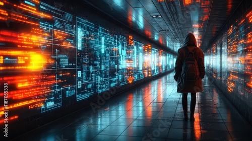 Wallpaper Mural Mysterious Figure in Futuristic Corridor Surrounded by Glowing Data Streams and Digital Projections, Exploring a High-Tech Environment of Innovation and Technology Torontodigital.ca