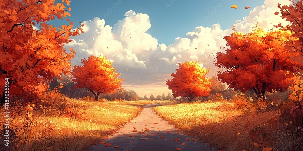 Vibrant autumn landscape with orange trees lining a serene country path during golden hour
