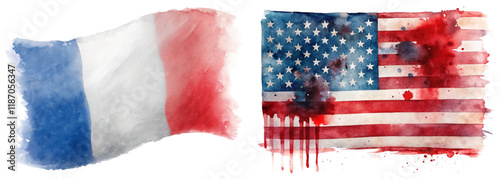 Watercolor flags, French flag, American flag, artistic representation, patriotic colors, vibrant design, cultural symbols.