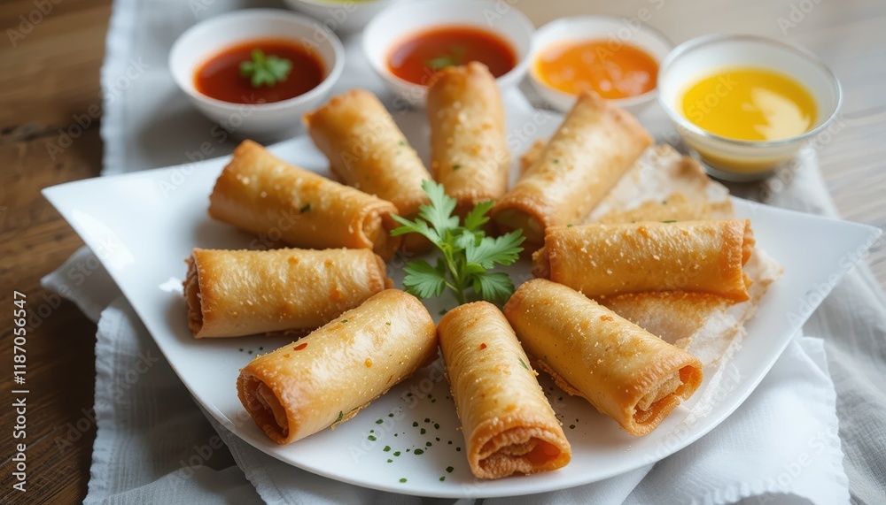 A plate of golden brown fried spring rolls arranged in a circular pattern, showing off their crispy texture and uniform presentation. This dish exudes a warm and inviting appeal, perfect for sharing. A plate of golden brown fried spring rolls arranged in a circular pattern, showing off their crispy texture and uniform presentation. This dish exudes a warm and inviting appeal, perfect for sharing.