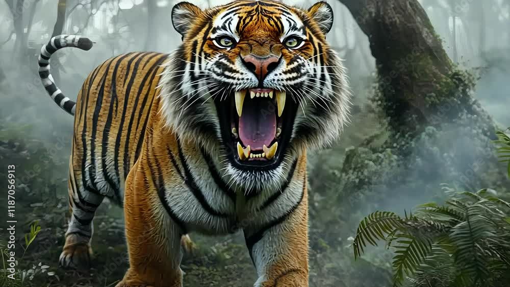 A fierce caspian tiger prowls through a misty forest, showcasing its power and majesty.