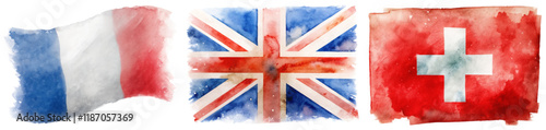 Watercolor flags, French flag, British flag, Swiss flag, vibrant colors, artistic style, cultural representation.