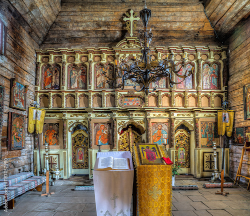 Принти на полотні A wooden church, interior with an iconostasis