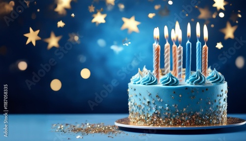 birthday cake isolated on a blue heritage celebration adorned cake with candles and sparkles copy space photo