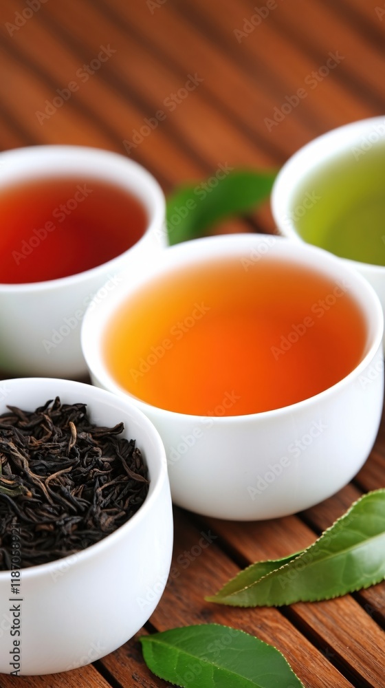 Aromatic Tea Cups Fresh Leaves Wooden Surface Relaxing Beverage Aromatic Tea Cups Fresh Leaves Wooden Surface Relaxing Beverage