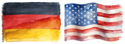 Watercolor flags, Germany and USA, vibrant colors, artistic representation, cultural symbols, patriotic imagery.