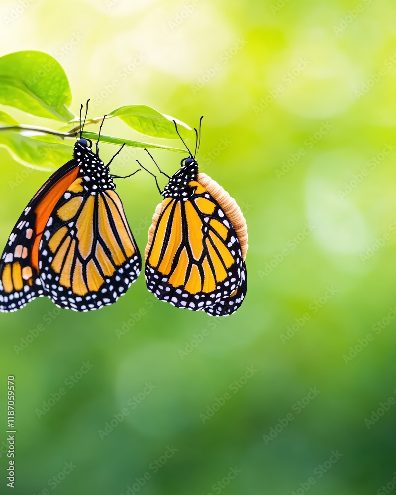 Fototapeta premium Two Monarch Butterflies Emerging from Chrysalis on Green Leaf
