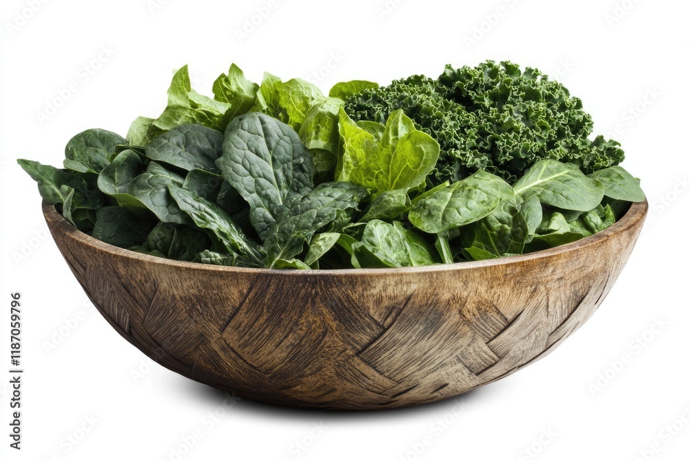 A wooden bowl filled with fresh spinach, kale, and lettuce leaves. A wooden bowl filled with fresh spinach, kale, and lettuce leaves.