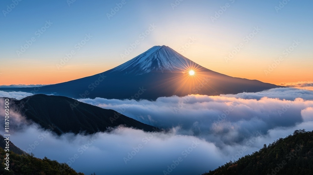A majestic mountain peak piercing through a thick layer of clouds, its summit illuminated by the sun, conveying a sense of awe and grandeur. A majestic mountain peak piercing through a thick layer of clouds, its summit illuminated by the sun, conveying a sense of awe and grandeur.