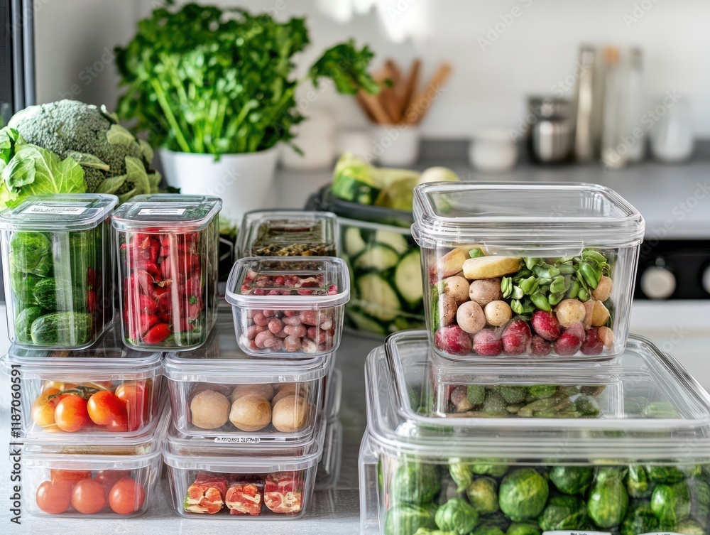 Design an immaculate Refrigerator interior filled with labeled containers of different food items to emphasize organization and safety Design an immaculate Refrigerator interior filled with labeled containers of different food items to emphasize organization and safety